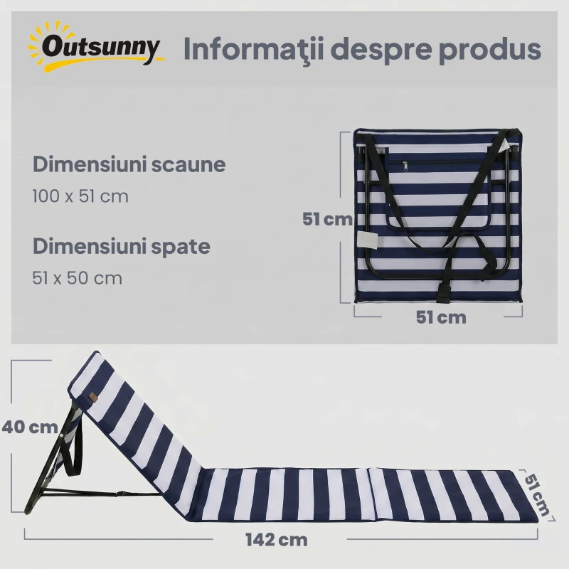 Outsunny Set 2 Șezlonguri de Plajă Pliabile și Reglabile cu Buzunar, din Oțel și Poliester, 142x51x40 cm, Multicolor