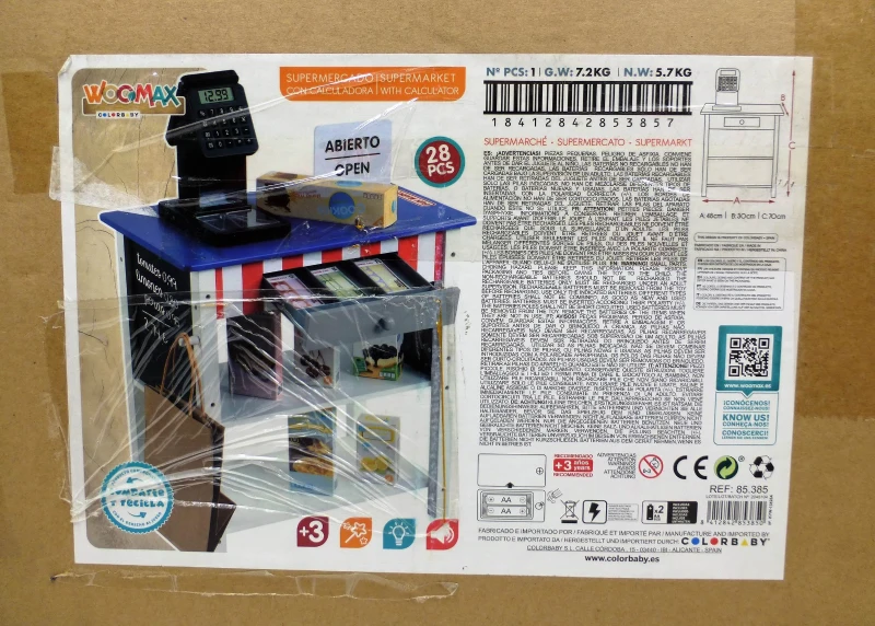 Supermercado de Juguete de Madera con Caja Registradora y 27 Accesorios, 48x30x70 Cm, Azul y Blanco