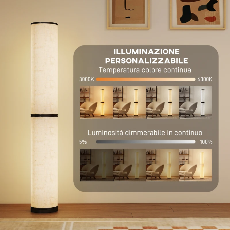 HOMCOM Lampada da Terra con Telecomando e Regolazione Temperatura 3000-6000K, Paralume in Tessuto, Ø20x135 cm, Beige