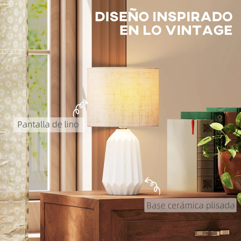 HOMCOM Lámpara de Mesa con Base de Cerámica y Pantalla de Lino Estilo Retro para Dormitorio 40W Blanco y Beige