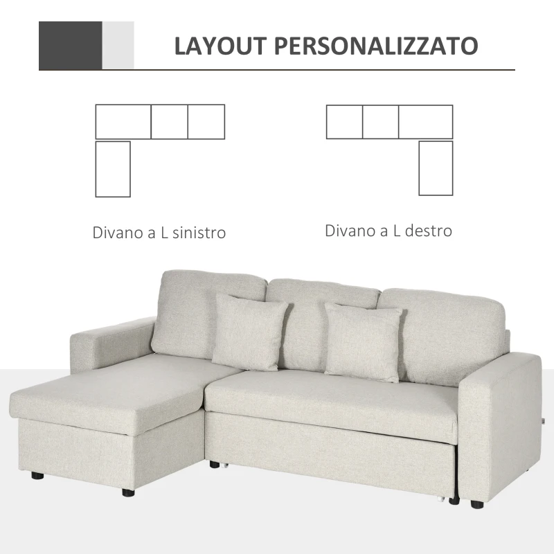 HOMCOM Divano Letto Angolare con Seduta 2 Posti e Penisola, Vano Contenitore e 2 Cuscini in Tessuto, Crema
