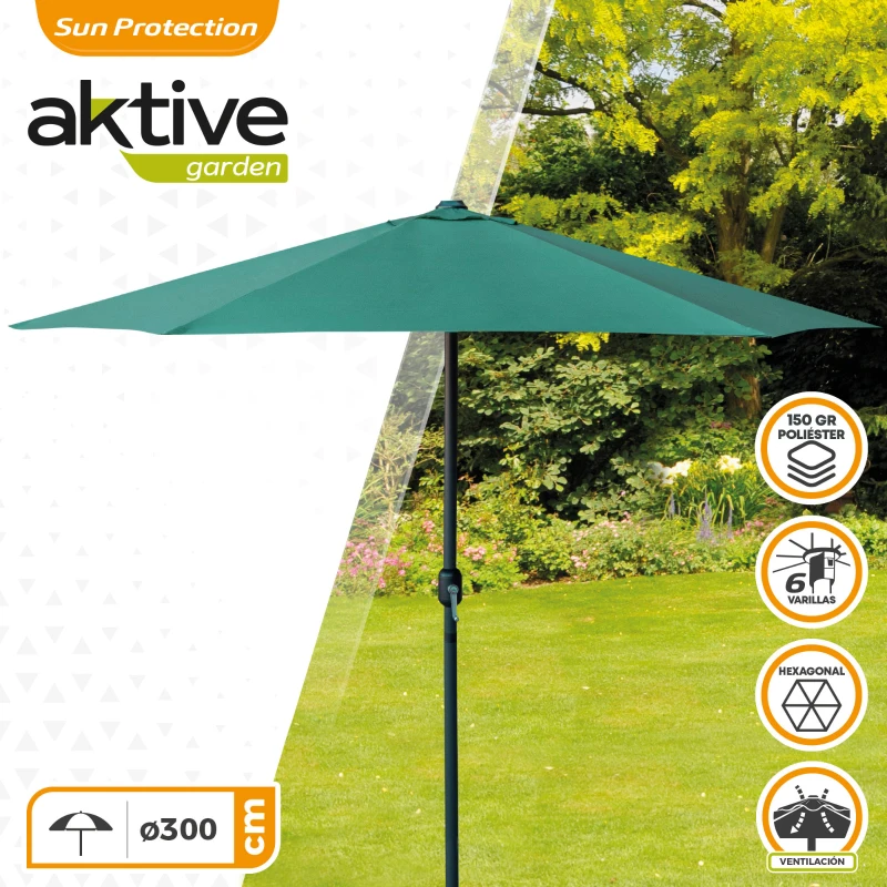 Parasol Hexagonal Aktive Garden Mástil 48 Mm Ø300 Cm, Verde
