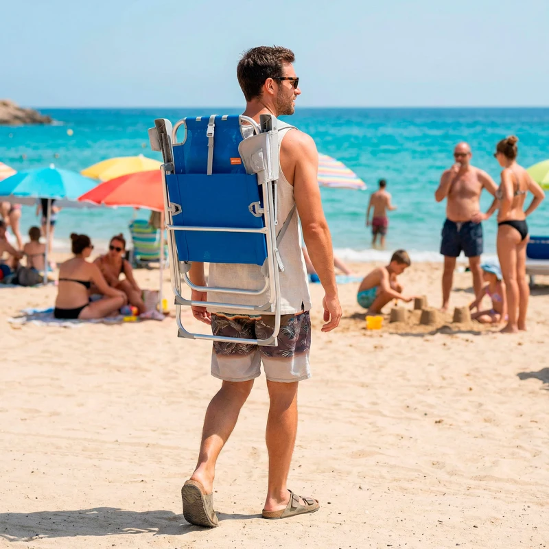 Silla de Playa Plegable Superresistente Reclinable 48x65x100 Cm, Azul y Gris