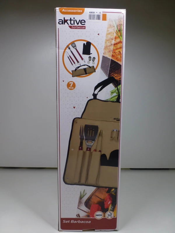 Set Utensilios Barbacoa Aktive con Delantal Plegable y 6 Accesorios, 42x67x41 Cm, Marrón