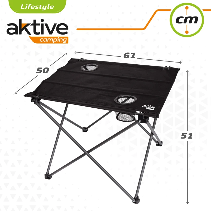 Mesa Plegable Textil para Camping Aktive, 61x50x51 Cm, Negro