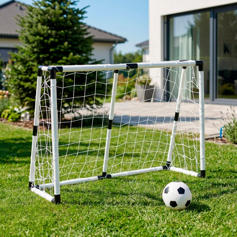 Set Portería Fútbol Plegable con Balón e Hinchador, 132x101x59 Cm, Blanco y Negro