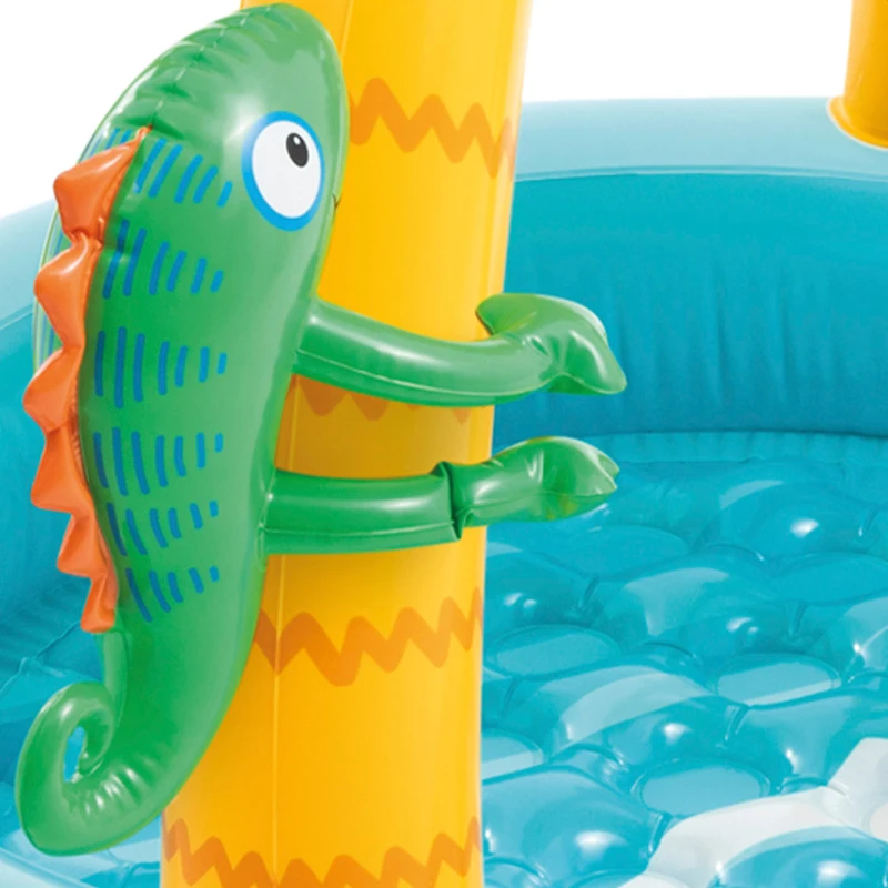 Piscina Hinchable Infantil Isla Tropical con Toldo, Suelo Acolchado y 3 Animales, 102x102x86 Cm, Multicolor