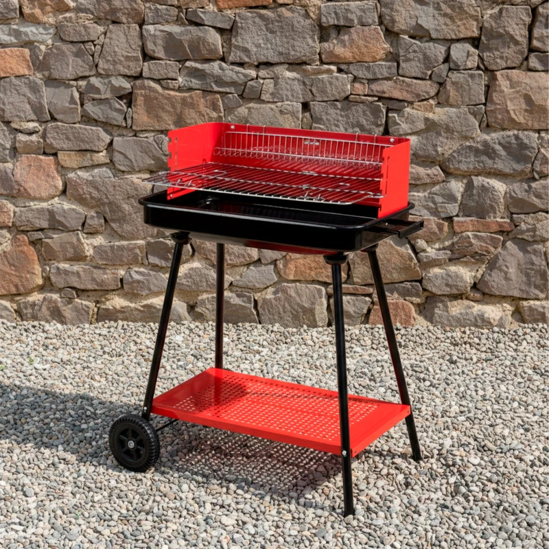 Barbacoa de Carbón Portátil Aktive Parrilla Regulable 4 Alturas, 66x44x85 Cm, Rojo y Negro
