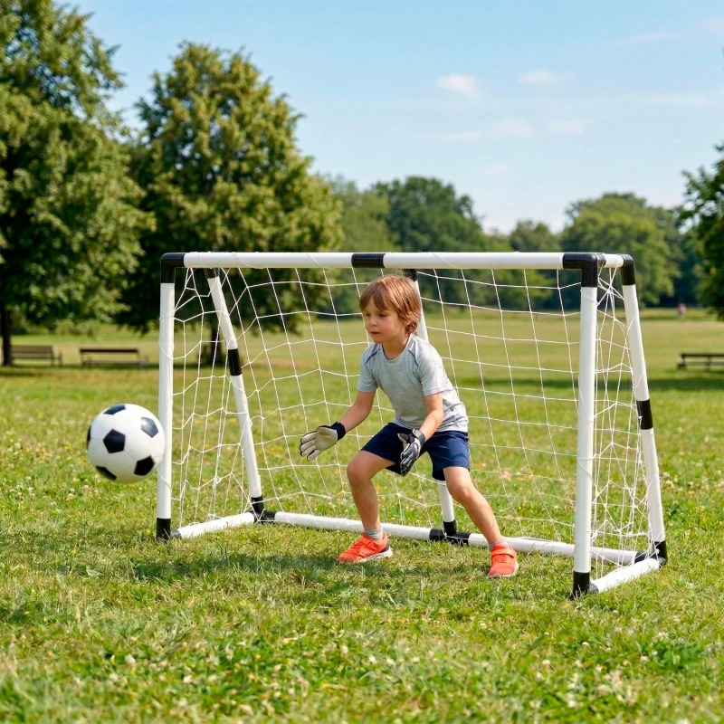 Set Portería Fútbol Plegable con Balón e Hinchador, 132x101x59 Cm, Blanco y Negro