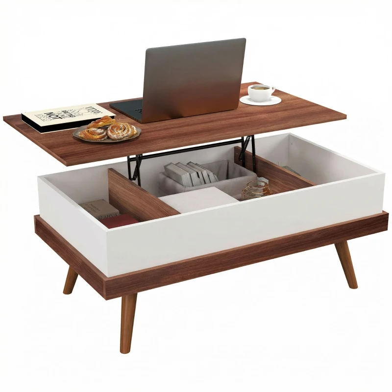 HOMCOM Mesa de Centro Elevatória com 3 Compartimentos de Armazenamento Ocultos e Pés de Madeira 100x79x54 cm Marrom e Preto