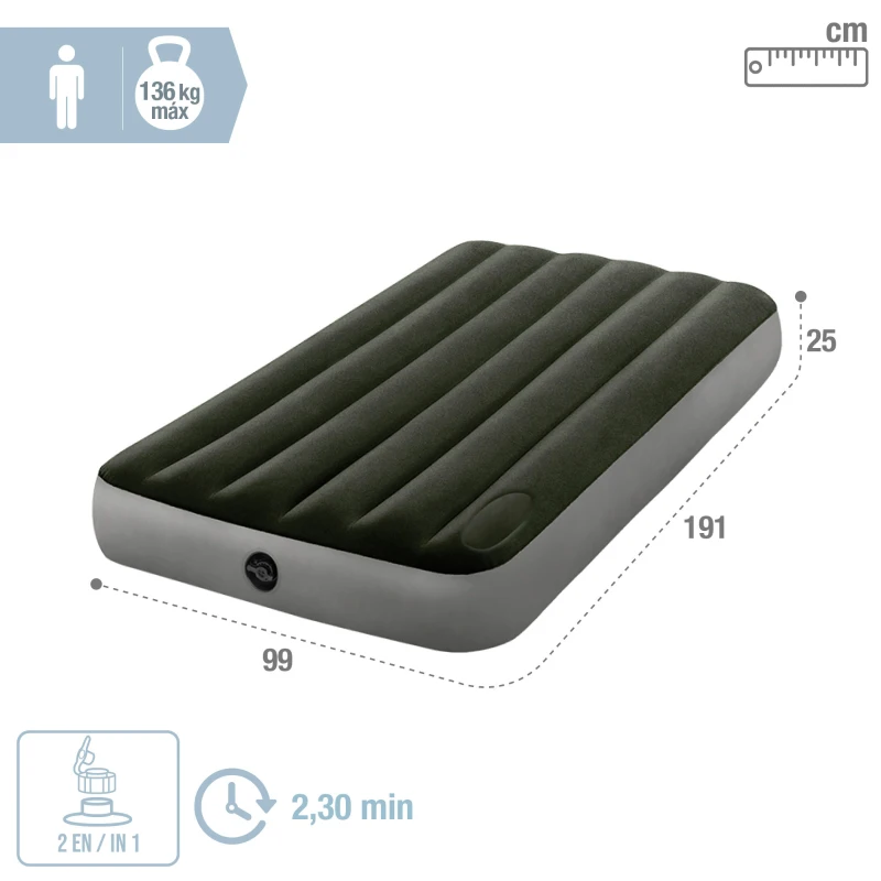 Colchón Hinchable 1 Plaza con Bomba de Pie Fiber-Tech, 99x191x25 Cm, Gris