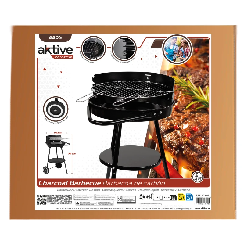 Barbacoa de Carbón Portátil Aktive, Parrilla Regulable 3 Alturas, 42x77 Cm, Negro