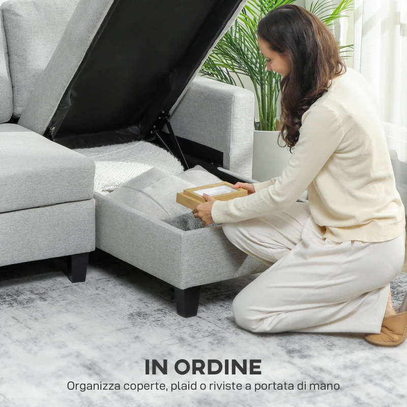 HOMCOM Divano Letto 3 Posti con Chaise e Spazio Contenitore, in Tessuto Effetto Lino, 197x129x85 cm, Grigio e Nero