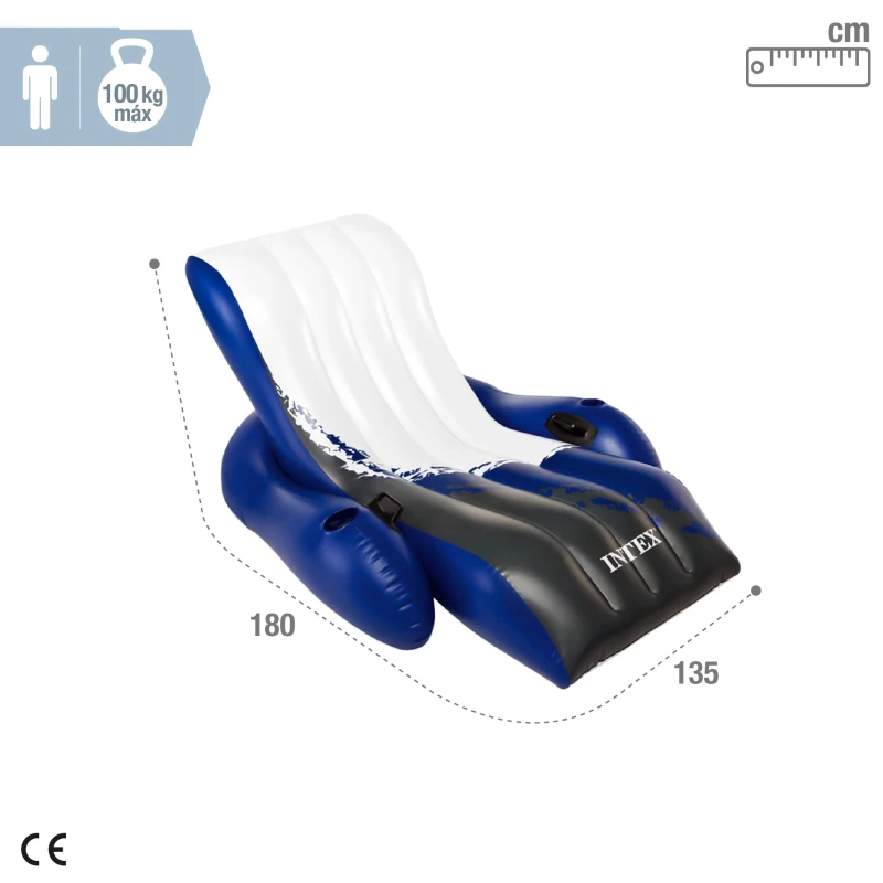 Sillón Colchoneta Hinchable Intex Ergonómico 2 Cámaras, 180x135 Cm, Blanco/Azul/Negro
