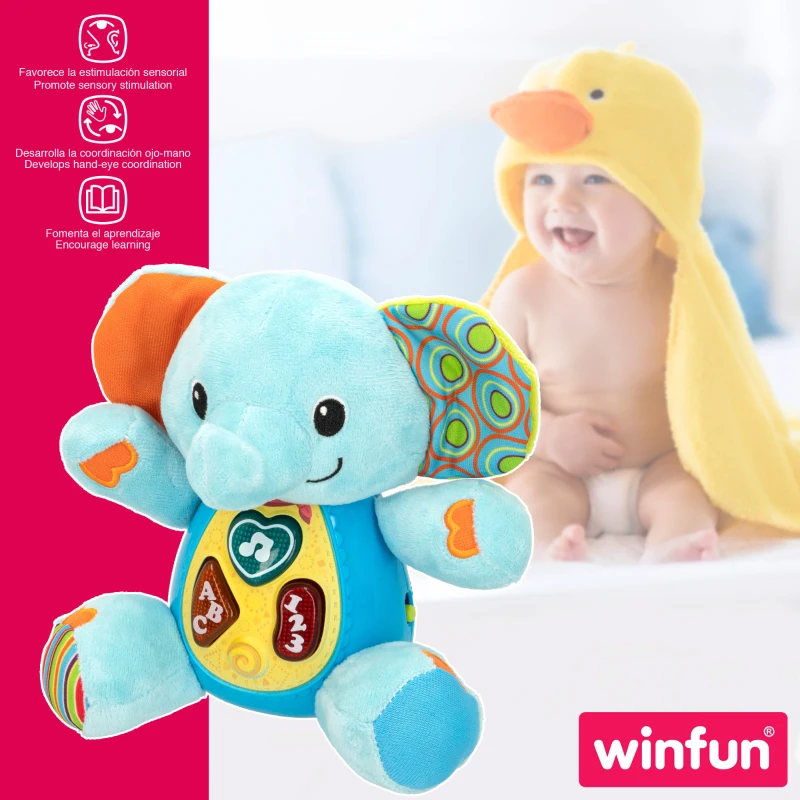 Peluche Elefante Educativo Que Habla con Luces y Sonidos, 16,5x9x16,5 Cm, Azul