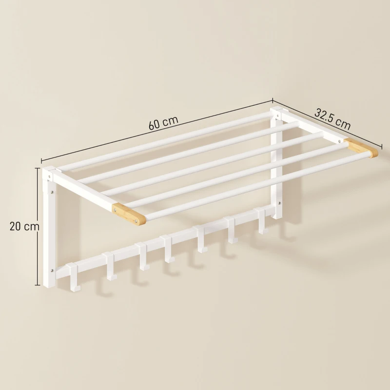 HOMCOM Portasciugamani a Parete Pieghevole con 5 Barre e 6 Ganci in Legno e Acciaio, 60x32.5x20 cm, Bianco