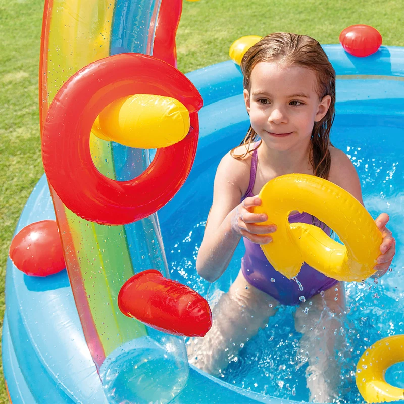 Centro de Juegos Hinchable INTEX con Tobogán y Doble Piscina, 297x193x135 Cm, Arcoíris