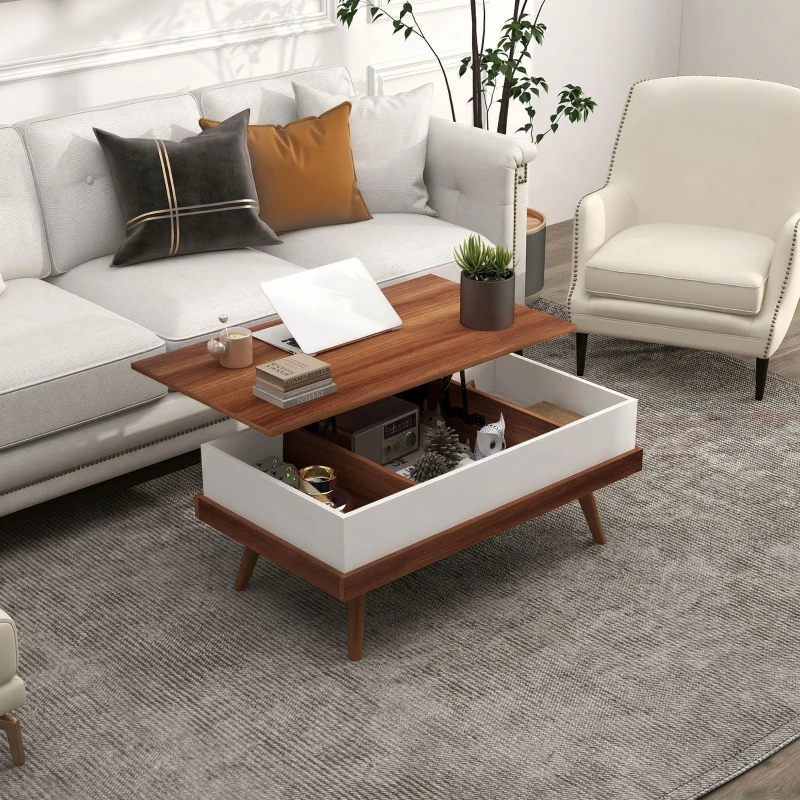 HOMCOM Mesa de Centro Elevatória com 3 Compartimentos de Armazenamento Ocultos e Pés de Madeira 100x79x54 cm Marrom e Preto