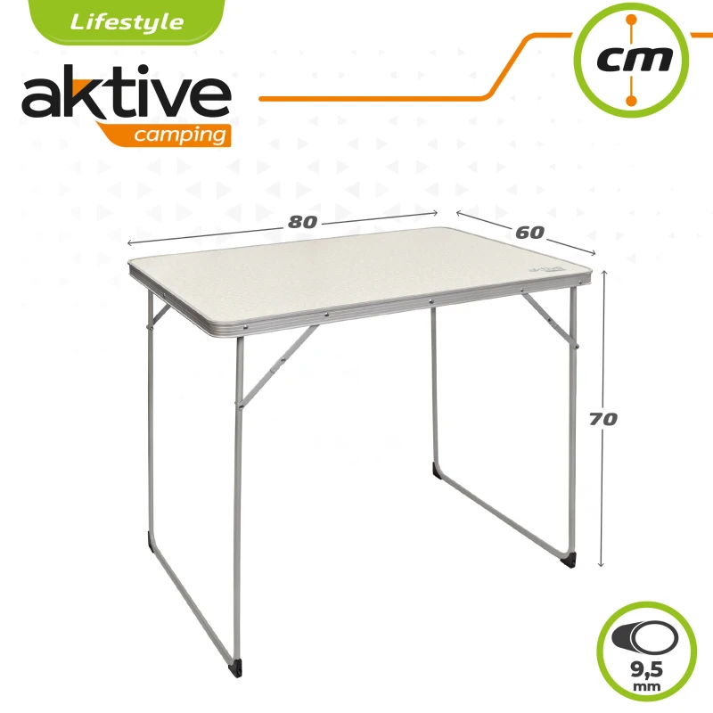 Mesa Plegable de Camping Aktive, Estructura de Acero 9,5 Mm y Tablero MDF, 80x60x70 Cm, Blanco