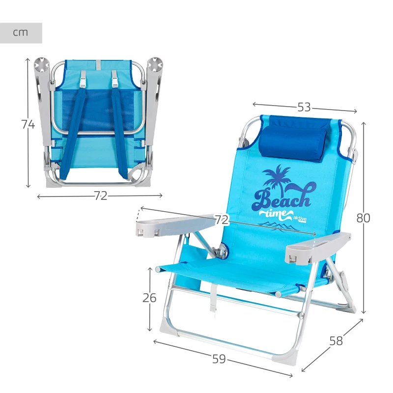 Silla Playa Baja Multiposición con Cojín y Bolso Extraíble, 53x58x80 Cm, Azul