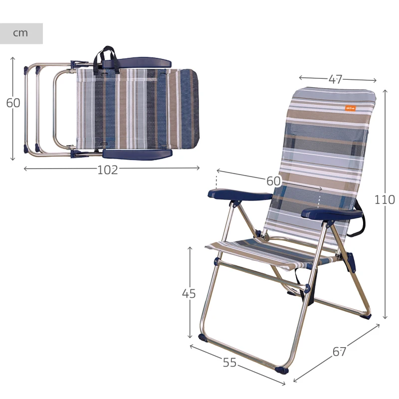 Silla Playa Plegable Alta 5 Posiciones, 47x67x110 Cm, Azul y Gris