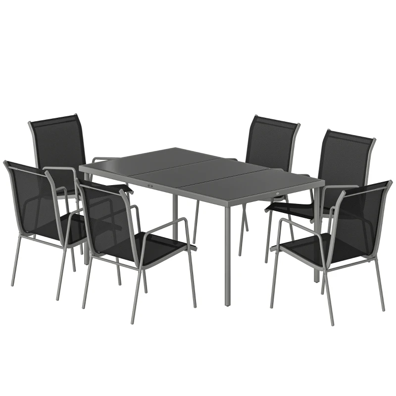 Outsunny Gartenmöbel Set Sitzgruppe 150 x 90cm Tisch mit 6 Atmungsaktiven Stühlen Sicherheitsglas Tischplatte
