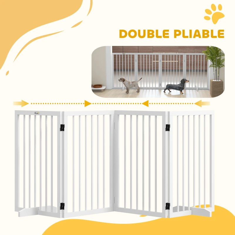 PawHut Barrière de sécurité modulable pliable pour animaux de compagnie avec pied de support, bois massif, 206 x 35,5 x 76 cm