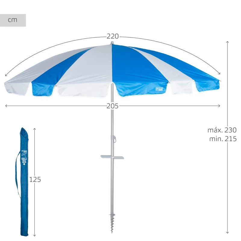 Sombrilla de Playa 8 Varillas UV50 Reclinable 220 Cm, Azul y Blanco