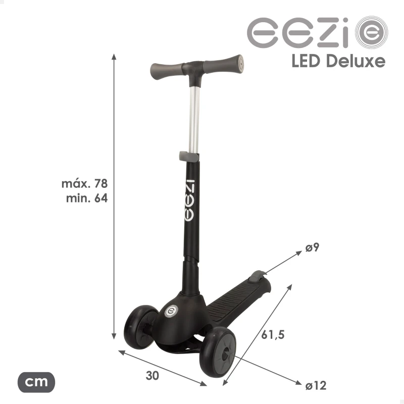Patinete 3 Ruedas Infantil Plegable con Ruedas Luminosas, 30x61,5x64-78 Cm, Negro