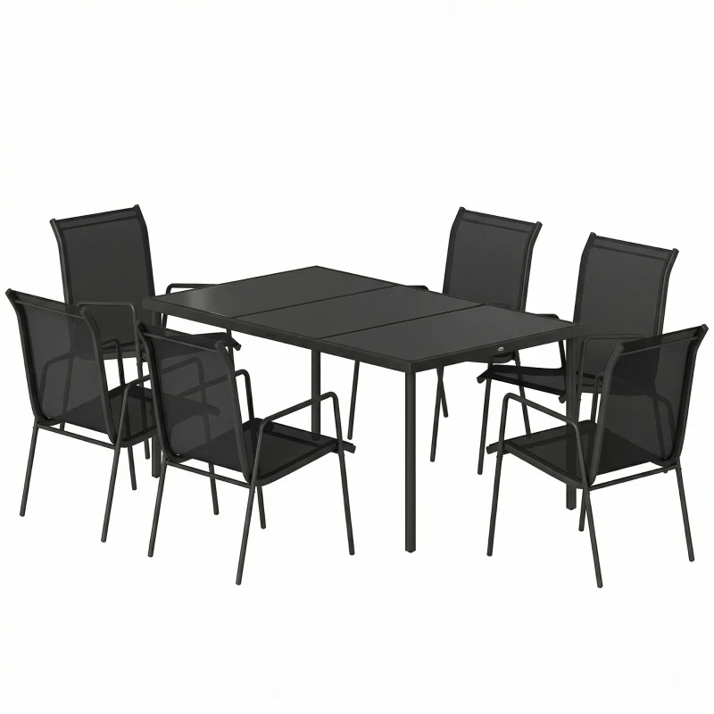 Outsunny Set de Grădină 7 piese din Oțel cu 6 Scaune Stivuibile din Textilenă și Masă de Cafea cu Blat din Sticlă, Negru