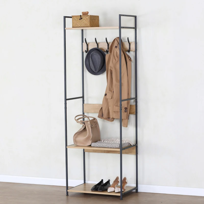 Perchero Zapatero Vertical 3 Estantes 5 Ganchos, 60x40x175 Cm, Negro y Madera