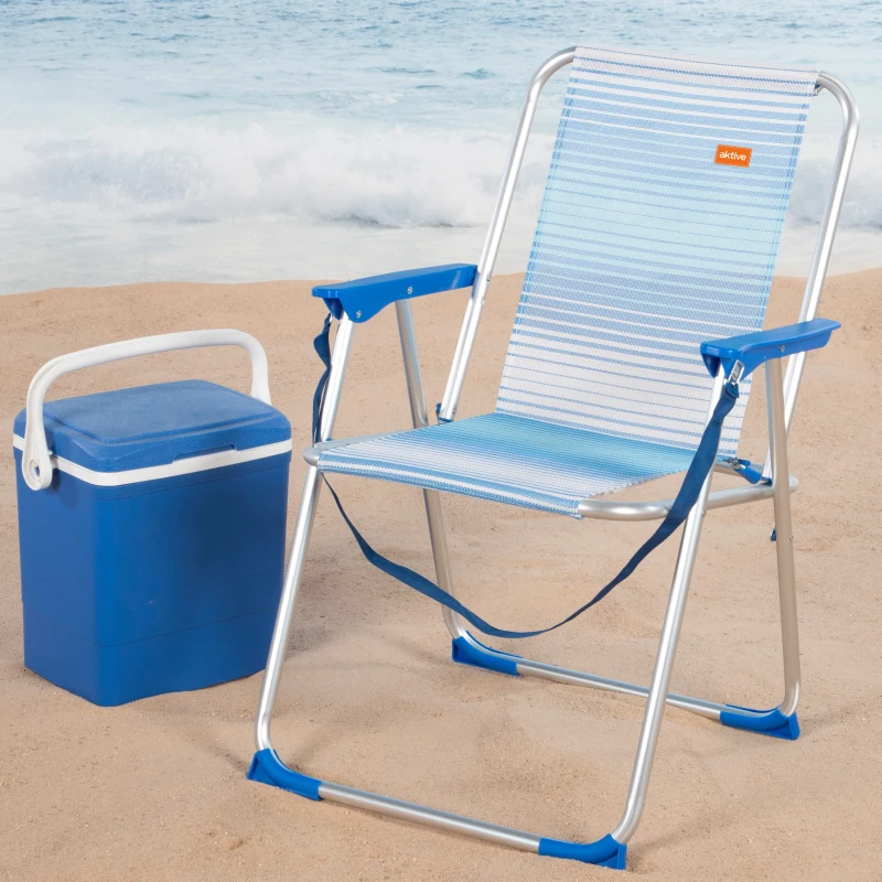 Silla de Playa Alta Plegable Soporta 110 Kg, 53x6x68 Cm, Azul a Rayas