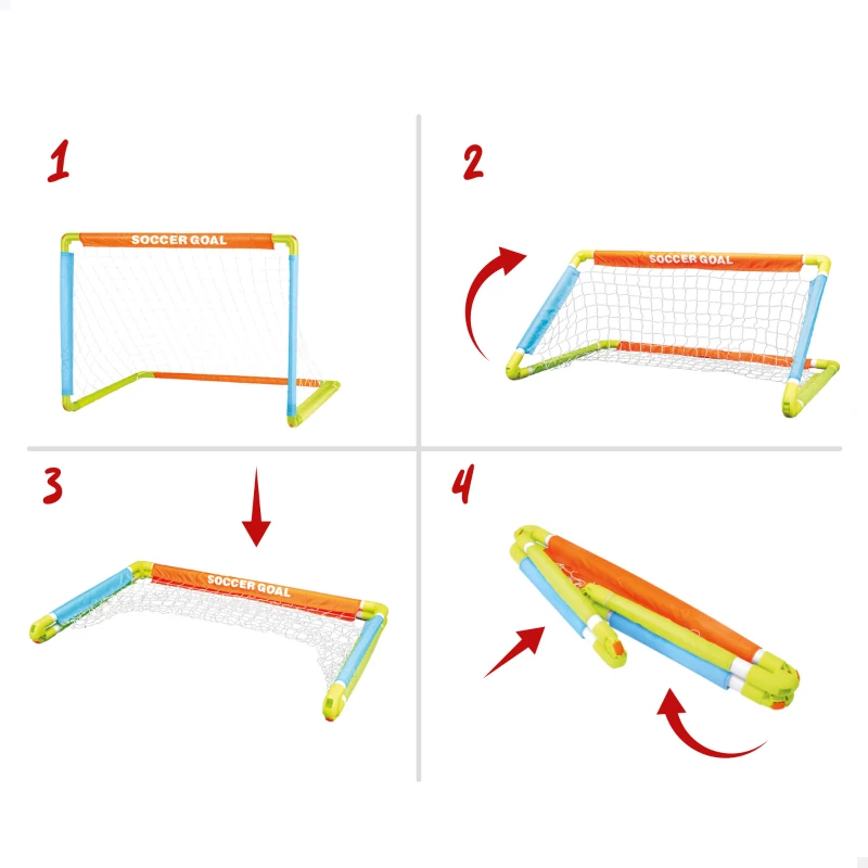 Portería de Fútbol Infantil Plegable con Mini Balón y Piquetas, 100x60x60 Cm, Naranja, Azul y Verde
