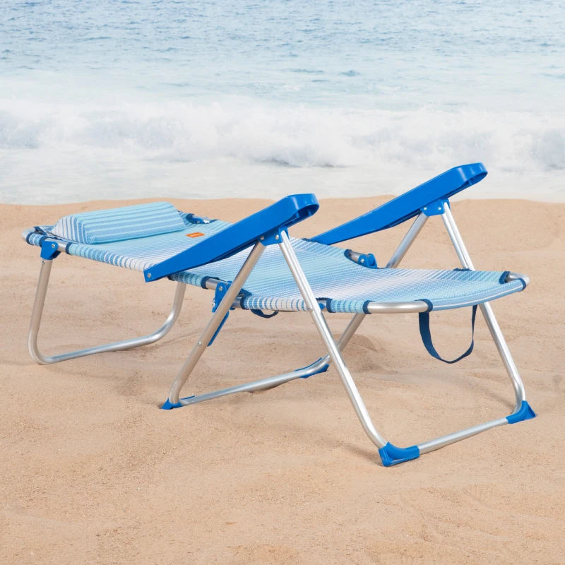 Silla de Playa Plegable Reclinable 5 Posiciones con Cojín y Asa, 77x12x62 Cm, Azul