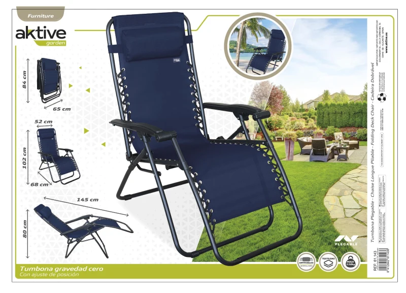 Silla Plegable Gravedad Cero con Estructura de Acero, 86,5x13,5x67 Cm, Azul