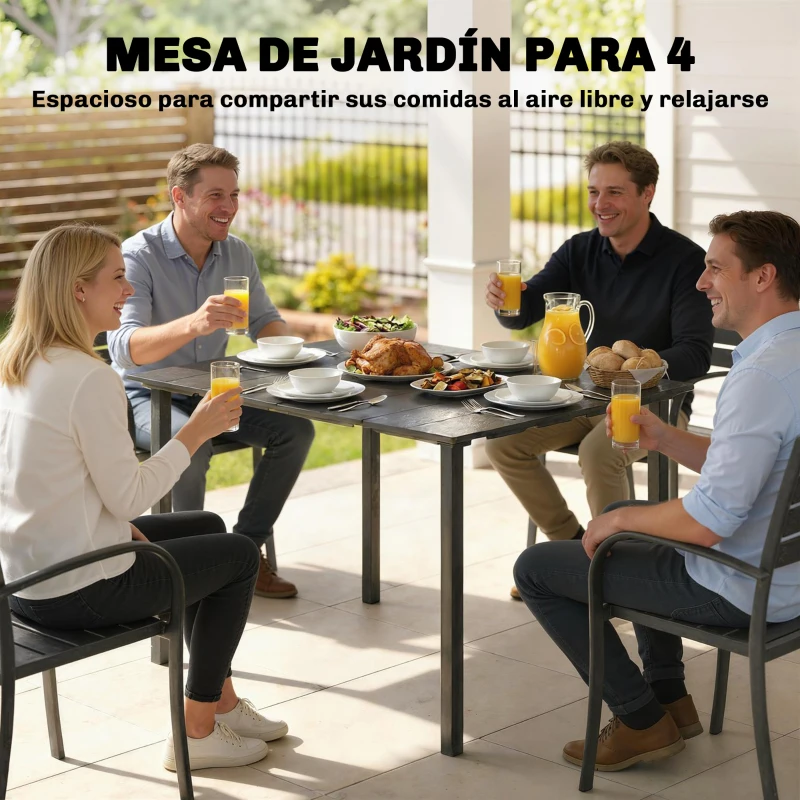 Outsunny Mesa de Comedor de Jardín para 6 Personas con Superficie de HDPE Estructura Metálica para Patio 120x90x74 cm Negro