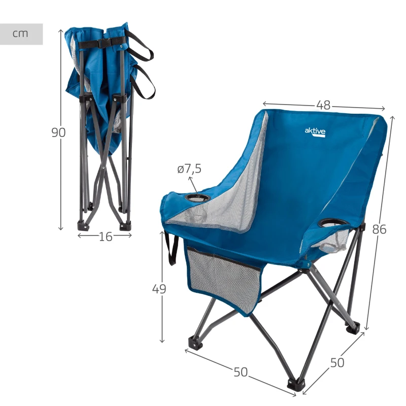 Sillón Plegable de Camping Antivuelco con Posavasos y Bolsillo, 48x50x86 Cm, Azul