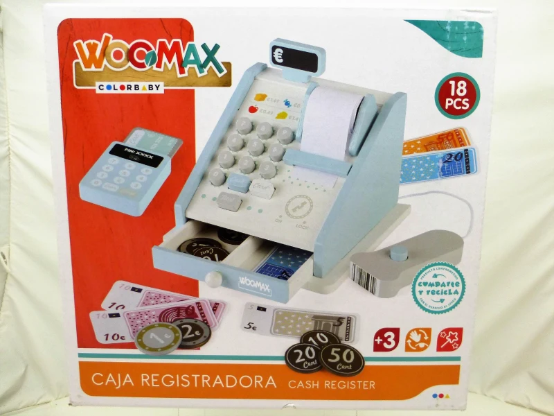 Caja Registradora de Madera Woomax, con 18 Piezas, 18x18x15 Cm, Azul y Gris