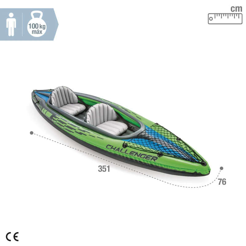 Kayak Hinchable Challenger K2 2 Plazas I-Beam y Suelo Hinchable, 351x76x38 Cm, Verde, Negro y Azul