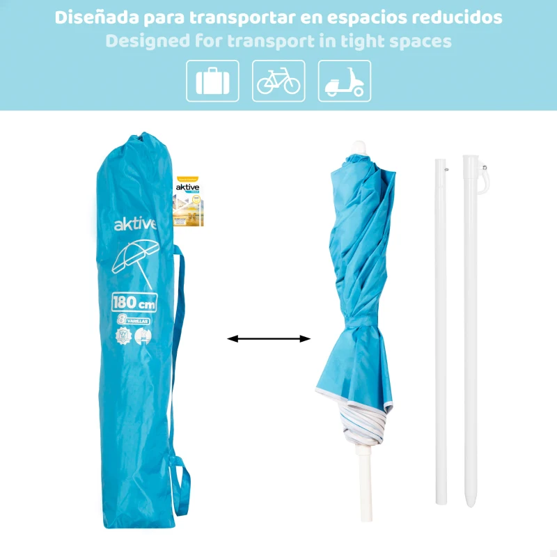 Sombrilla de Playa Plegable 8 Varillas Mástil Regulable, 180 Cm, Azul