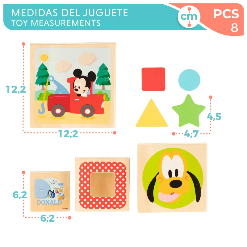 Torre de Cubos de Madera Disney Apilables con Figuras Geométricas, 13x13x23,5 Cm, Multicolor