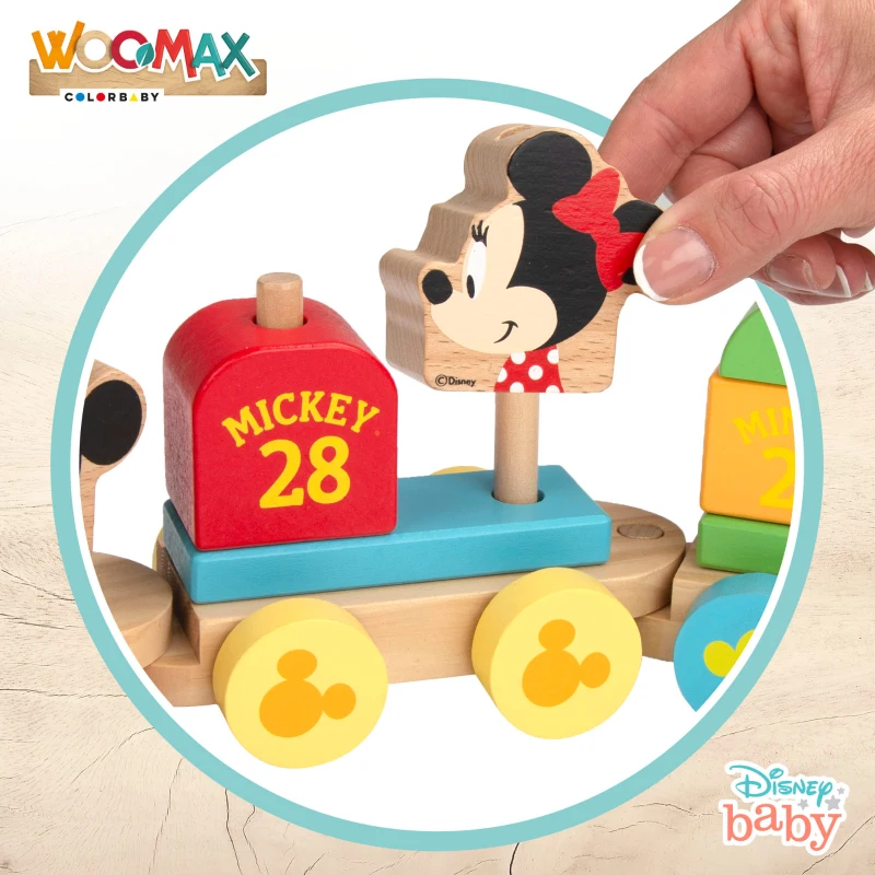 Tren de Madera Disney Woomax, 14 Piezas y 3 Vagones, 36x10x11,5 Cm, Madera Natural