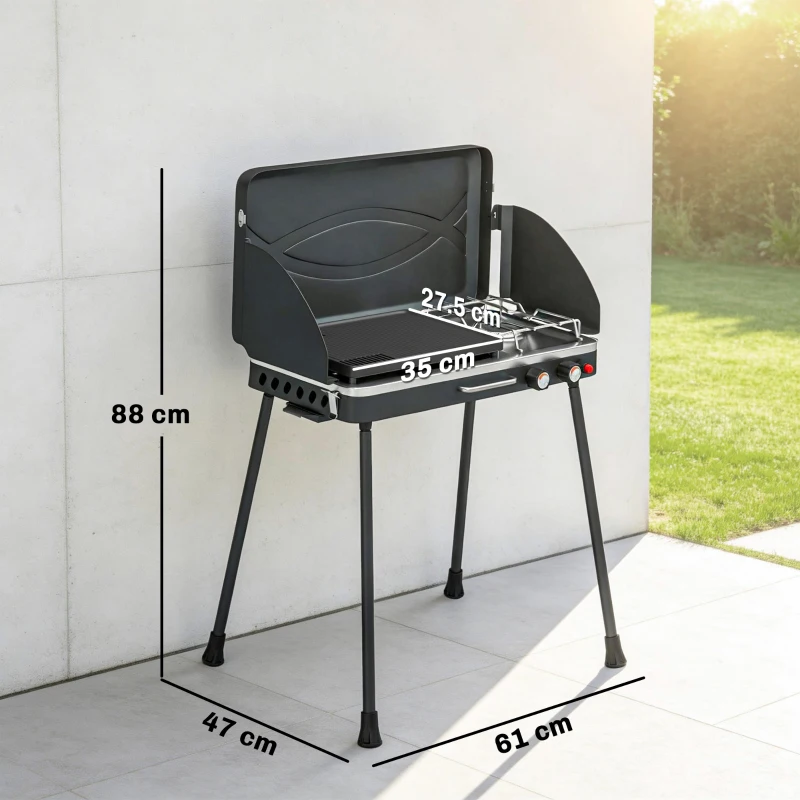 Outsunny BBQ a Gas Propano Portatile 2-in-1 con Griglia e Fornello, 7KW, Nero