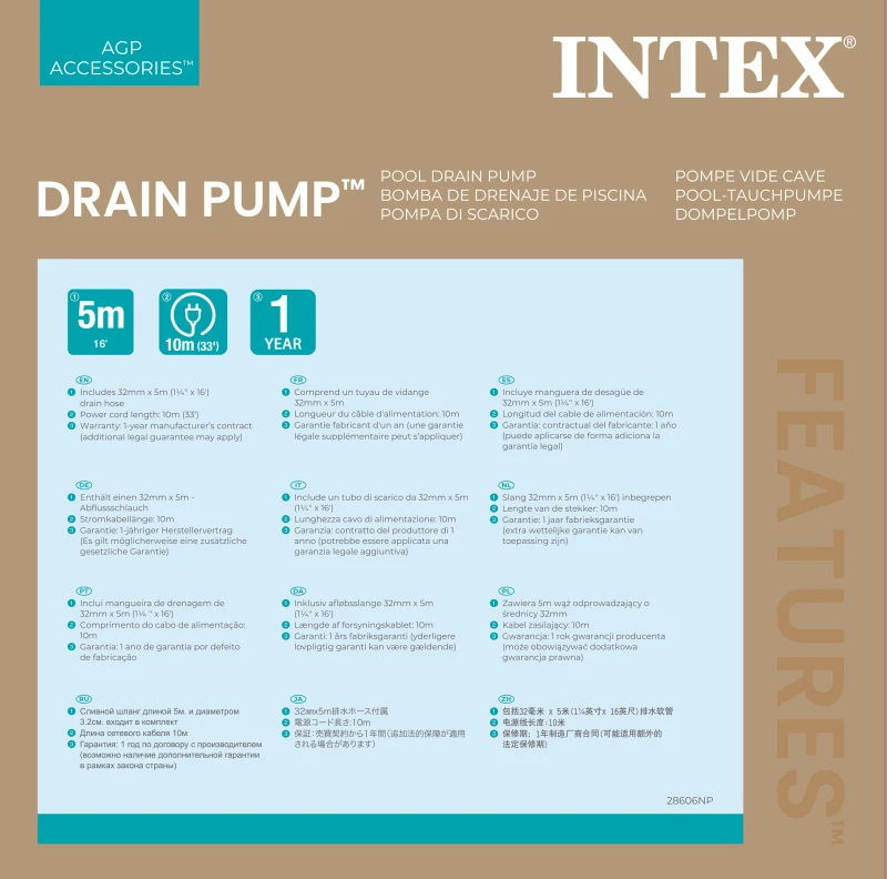 Bomba de Drenaje Sumergible Intex, 3.595 L/h Manguera 5 M, 28,5x28,5x28,5 Cm, Negro