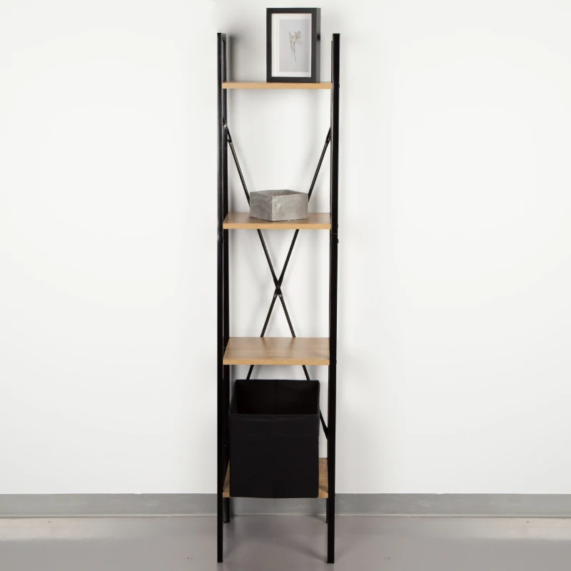 Estantería Escalera Acero y Madera 4 Estantes, 34x32x148 Cm, Negro
