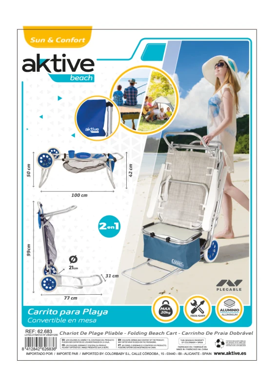 Carro de Playa Convertible 2 en 1 Aluminio Plegable, 47x76x100 Cm, Azul