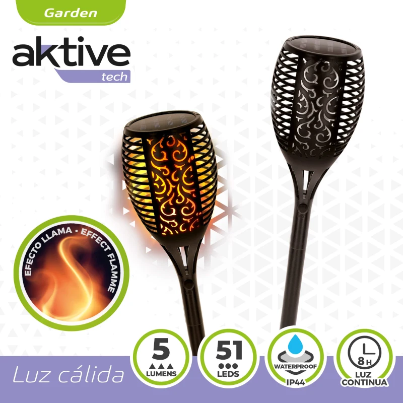 Antorcha Solar LED Efecto Fuego, 11x11x78,5 Cm, Negro