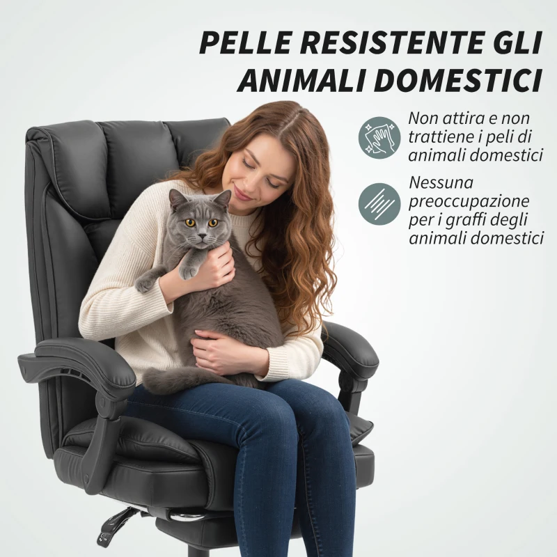 HOMCOM Sedia da Ufficio Reclinabile a 155° con Poggiapiedi, Doppia Imbottitura e Rivestimento in Finta Pelle, Nero
