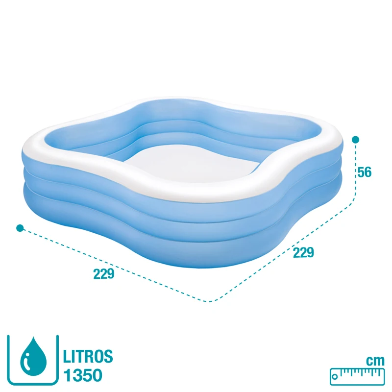 Piscina Hinchable Intex Cuadrada 3 Aros Ondulados 229x229x56 Cm, Azul y Blanco