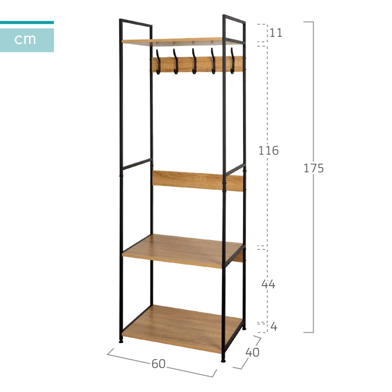 Perchero Zapatero Vertical 3 Estantes 5 Ganchos, 60x40x175 Cm, Negro y Madera